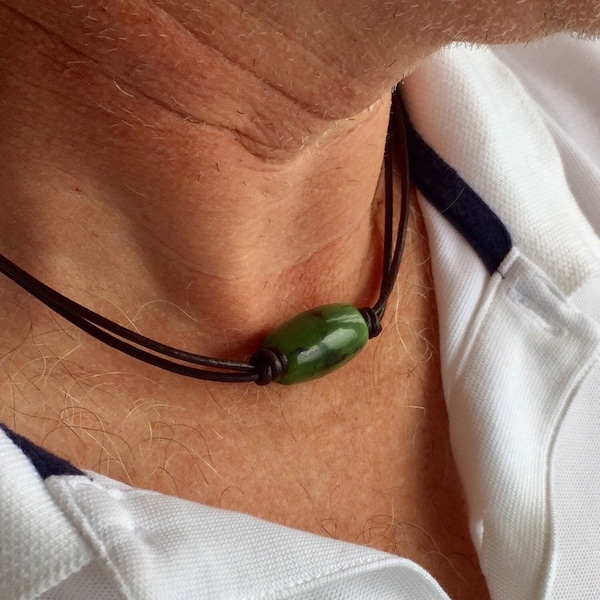 Authentic Natural Canadian Nephrite Jade Pendant, Canadian Jade Barrel Necklace, Men's Jade Choker, Mens Leather Cord Choker, Surfer Choker.