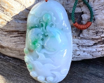 Hand Carved Grade A Jadeite Pendant, Lotus & Fish, Emerald Green