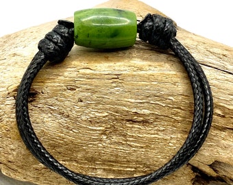 Canadian Nephrite Jade Bracelet, Green Jade Barrel, Adjustable Choker