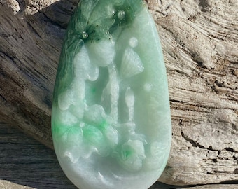 Hand Carved Burmese Jadeite Pendant Necklace, Lotus Mandarin Ducks