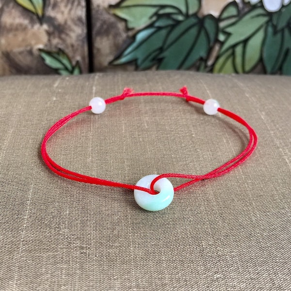 Good Luck Jadeite Bracelet, Lucky Jade Bracelet, Wish Bracelet, Protection Bracelet, Red Cord Bracelet, Jadeite Donut, Safety Amulet.