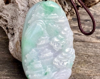 Hand Carved Grade A Burmese Jadeite Pendant, Landscape Zen Necklace