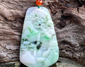 Hand Carved Grade A Jadeite Landscape Pendant Necklace