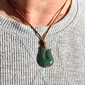 Jade Fish Hook Pendant, Natural Nephrite Jade, Jade Māori Fish Hook pendant, Jade Necklace Men, Jade for Boyfriend, Green Jade Necklace.
