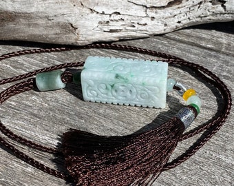 Certified Burmese Jadeite Pendant Necklace, Carved Column Design