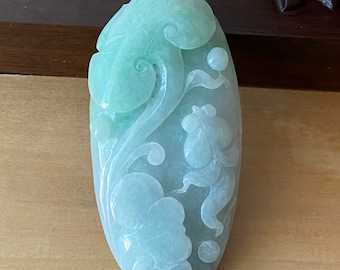 Certified Grade A Jadeite Pendant, Hand Carved Lotus & Fish Jadeite Pendant, Good Luck Emerald Green Jadeite, Green Jadeite Pendant Necklace