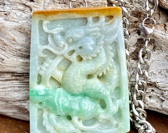 Hand Carved Grade A Jadeite Dragon Pendant, Stainless Steel Chain