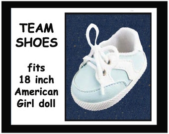 Light Blue & White vintage sneakers fitting 18 inch doll, 18" team doll sneakers, cheerleader doll tennis shoes