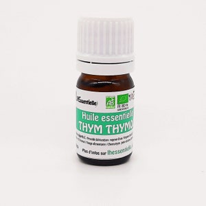 Organic thyme thymol essential oil, Thymus vulgaris, AB France certified, 100% pure and natural, produced in Landes, France