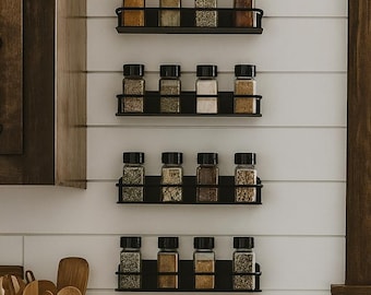 Wall Mounted Metal Shelf in Matte Black – Kitchen Spice Rack or Bathroom Organizer for Toiletries, Jars, Bottles & Storage Essentials