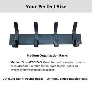 May include: Black metal wall-mounted hook rack with five double hooks. The rack is 24 inches long and is suitable for hanging towels, coats, or other items in a bathroom, bedroom, or mudroom.
