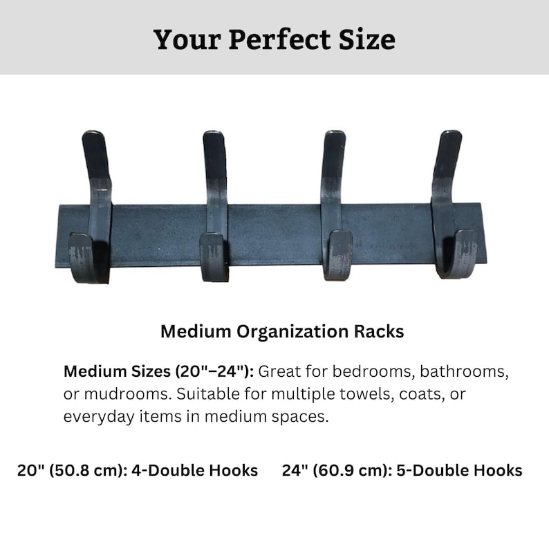 May include: Black metal wall-mounted hook rack with five double hooks. The rack is 24 inches long and is suitable for hanging towels, coats, or other items in a bathroom, bedroom, or mudroom.