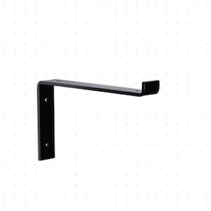 May include: Black metal shelf bracket with two holes for mounting. The bracket has a curved edge on the right side.