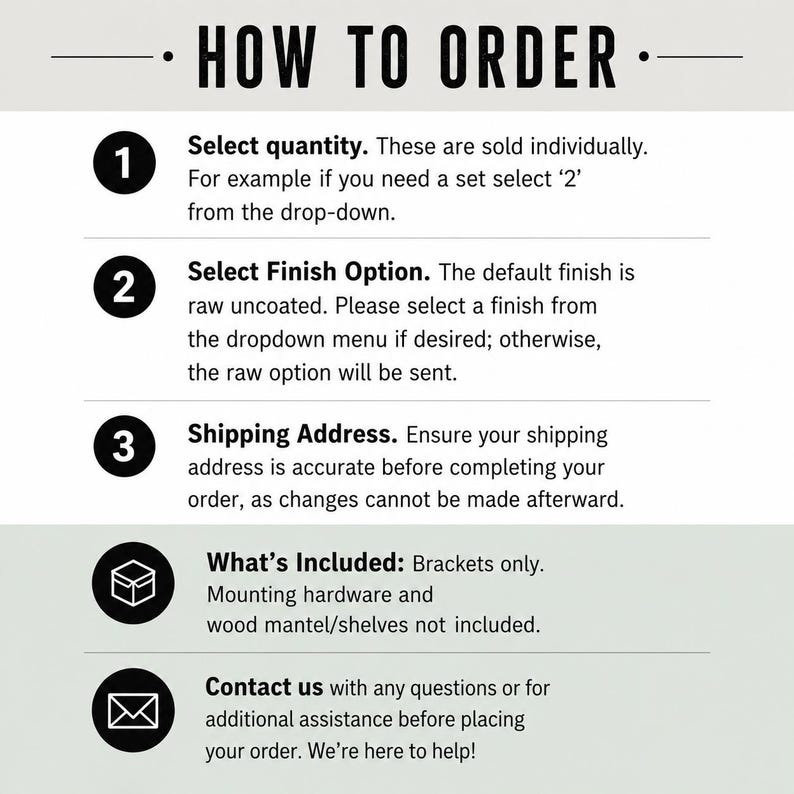 May include: An instructional graphic titled HOW TO ORDER with five numbered or icon-labeled steps. It details selecting quantity, choosing a finish option, verifying shipping address, noting that only brackets are included, and contact information.