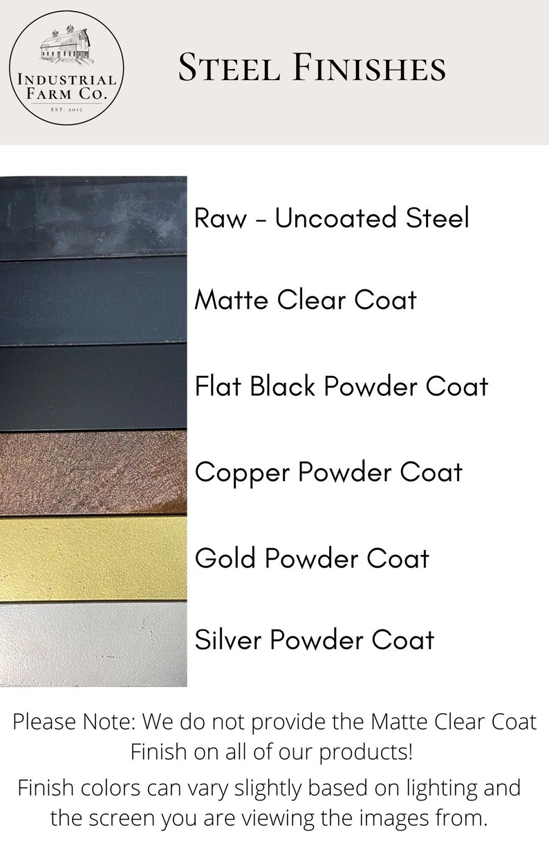 May include: A chart showing different steel finishes for metal products. The finishes include raw uncoated steel, matte clear coat, flat black powder coat, copper powder coat, gold powder coat, and silver powder coat.