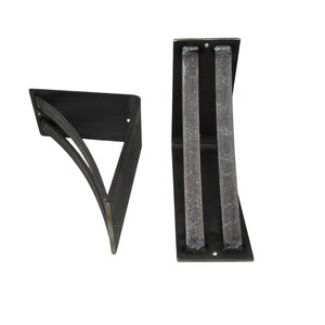 May include: Two black metal shelf brackets with a curved design. The brackets are made of heavy-duty metal and are designed to support shelves.