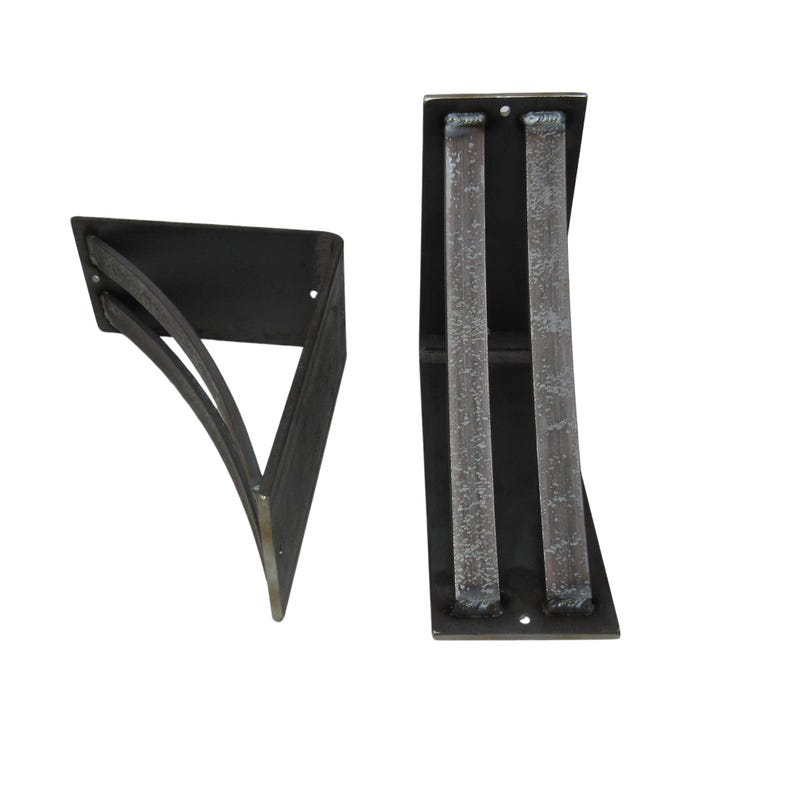 May include: Two black metal shelf brackets with a curved design. The brackets are made of heavy-duty metal and are designed to support shelves.