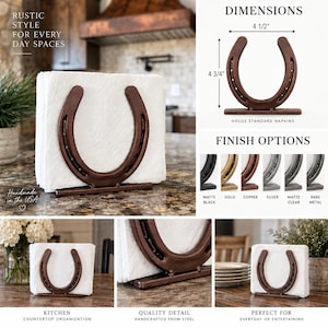 May include: A horseshoe-shaped napkin holder made of steel, featuring a copper-toned finish. The holder measures 4 1/2 inches wide by 4 3/4 inches high. It is designed to hold a stack of standard square paper napkins in an upright position.