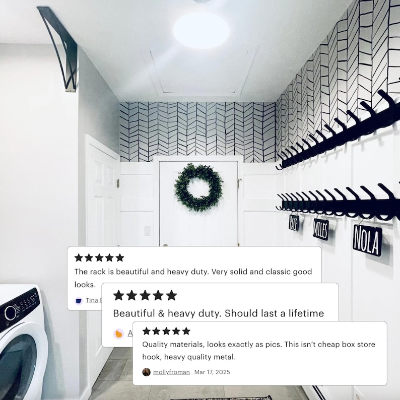 May include: Black metal coat rack with hooks mounted on a white wall. The wall has a black and white chevron pattern wallpaper. The rack has three labels: "Race", "Miles", and "Nola".