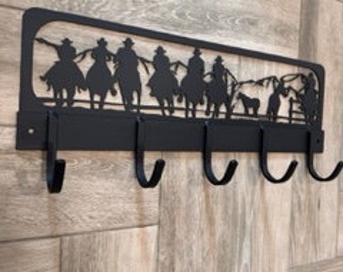 Yellowstone Cowboy Coat Rack | Western Wall Hooks | Ranch Decor | Rodeo & Team Roping Gift | Rustic Steel Cowboy Hanger