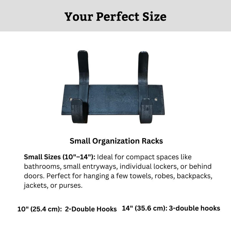 May include: Black metal wall-mounted rack with two double hooks. The rack is 10 inches (25.4 cm) long.