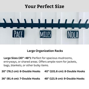 May include: Black metal coat rack with nine double hooks. The rack is labeled with the words "PACE", "MILES", and "NOLA". The rack is available in sizes 30 inches (76.2 cm), 36 inches (91.4 cm), 40 inches (101.6 cm), and 48 inches (121.9 cm).