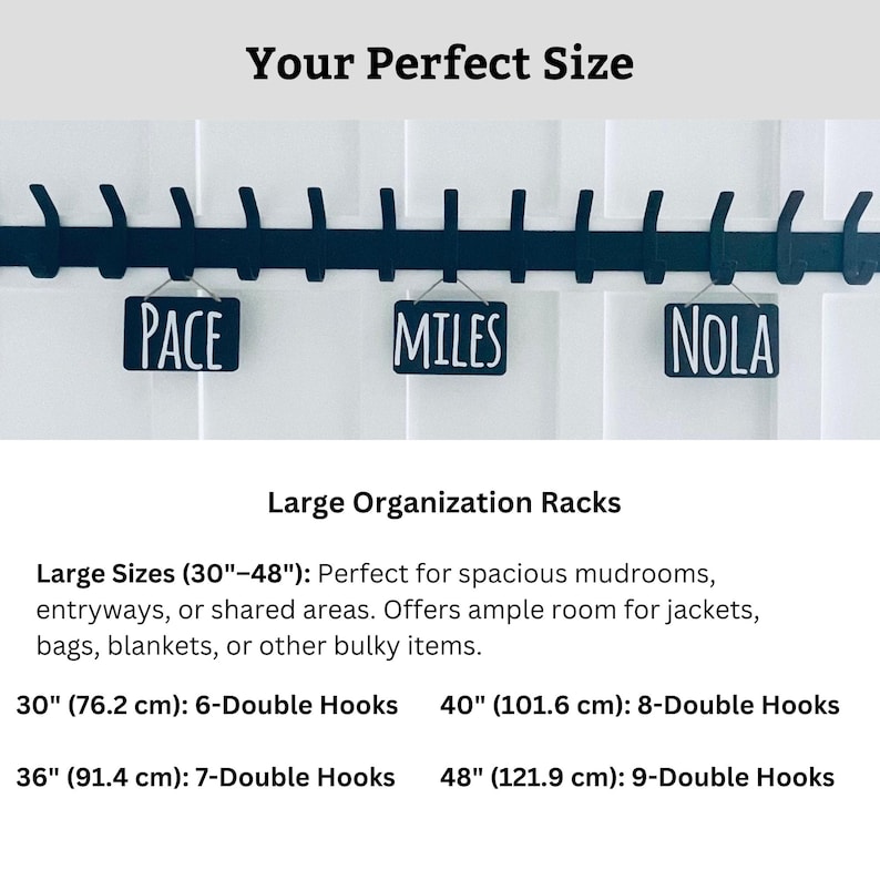 May include: Black metal coat rack with nine double hooks. The rack is labeled with the words "PACE", "MILES", and "NOLA". The rack is available in sizes 30 inches (76.2 cm), 36 inches (91.4 cm), 40 inches (101.6 cm), and 48 inches (121.9 cm).