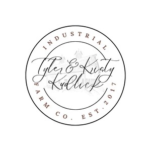 May include: A circular logo featuring a thin black outline. Inside, a faint line drawing of a barn sits behind the brown text Tyler & Kristy Kudlick. The words INDUSTRIAL FARM CO. EST. 2017 are written in brown capital letters along the inner border.