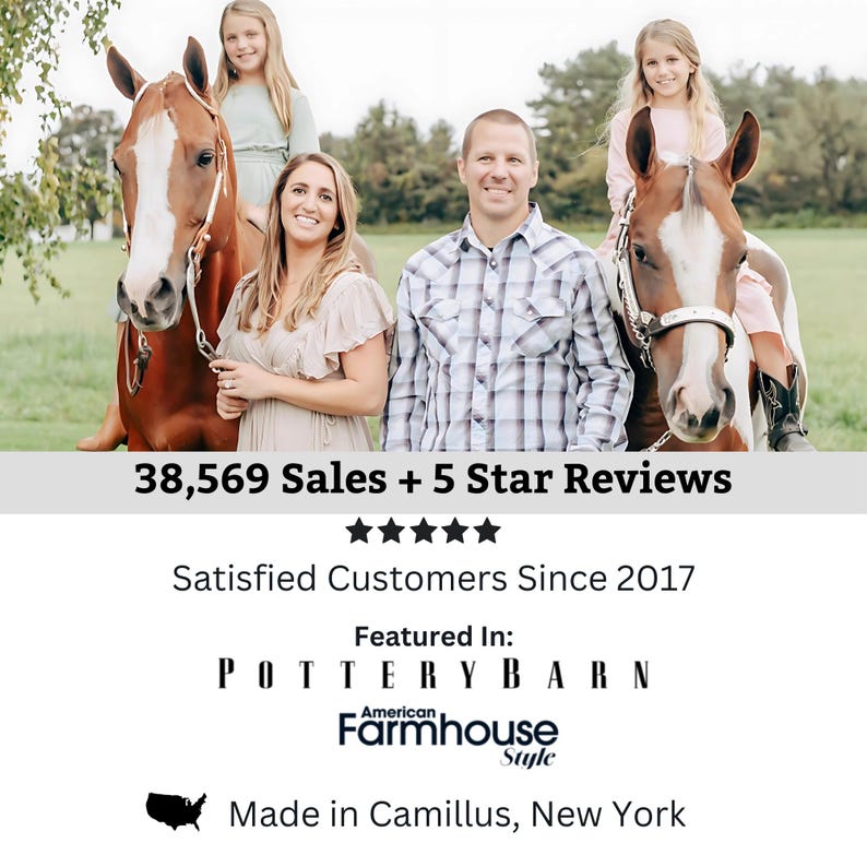 May include: A family of four, including two young girls, pose with two brown horses in a field. The image includes the text "38,569 Sales + 5 Star Reviews", "Satisfied Customers Since 2017", "Featured In: POTTERYBARN", "American Farmhouse Style", and "Made in Camillus, New York".