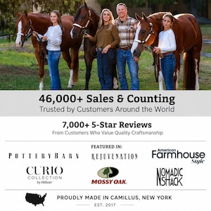 May include: Three people stand with three chestnut horses in a grassy field. Text reads: 46,000+ Sales & Counting, Trusted by Customers Around the World, 7,000+ 5-Star Reviews, Featured in: Pottery Barn, Rejuvenation, American Farmhouse Style, Curio Collection, Mossy Oak, Nomadic Shack, Proudly Made in Camillus, New York, Est. 2017.