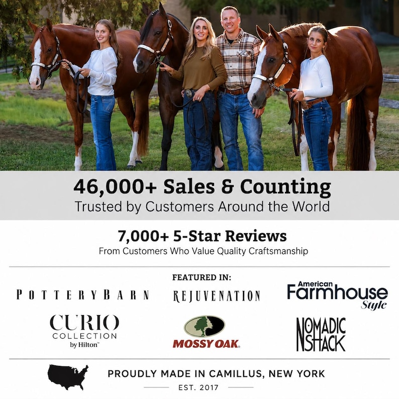 May include: Three people stand with three chestnut horses in a grassy field. Text reads: 46,000+ Sales & Counting, Trusted by Customers Around the World, 7,000+ 5-Star Reviews, Featured in: Pottery Barn, Rejuvenation, American Farmhouse Style, Curio Collection, Mossy Oak, Nomadic Shack, Proudly Made in Camillus, New York, Est. 2017.