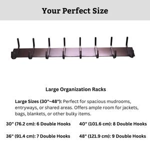 May include: A black metal coat rack with 9 double hooks. The rack is 48 inches long and is perfect for organizing jackets, bags, and other items in a mudroom, entryway, or shared space.