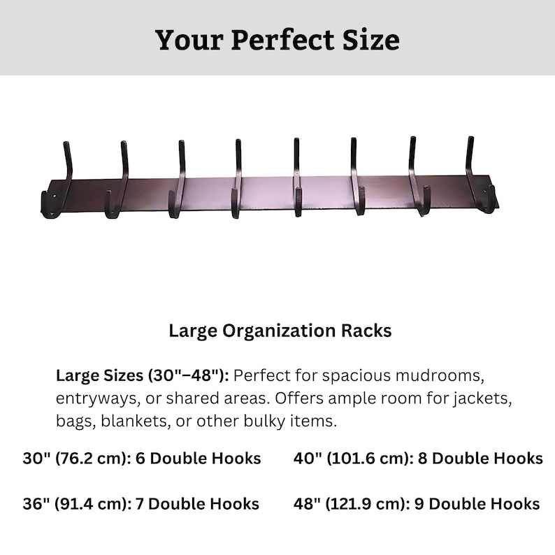 May include: A black metal coat rack with 9 double hooks. The rack is 48 inches long and is perfect for organizing jackets, bags, and other items in a mudroom, entryway, or shared space.