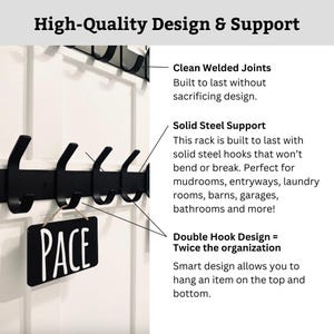 May include: Black metal coat rack with five hooks mounted on a white wall. The rack has a sign that says "PACE" hanging from it. The text "Clean Welded Joints", "Solid Steel Support", and "Double Hook Design = Twice the organization" is visible on the right side of the image.