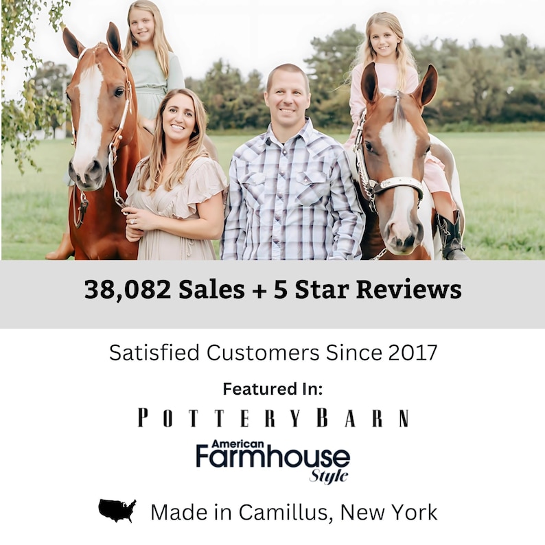 May include: A family of four poses with two brown horses in a field. The text "38,082 Sales + 5 Star Reviews" is displayed below the image. The text "Satisfied Customers Since 2017" is displayed below the first text. The text "Featured In: POTTERYBARN" is displayed below the second text. A logo for "American Farmhouse Style" is displayed below the third text. The text "Made in Camillus, New York" is displayed below the logo.