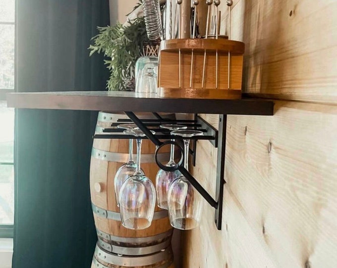 Rustic Industrial Wine Glass Rack - Wall Mounted Metal Holder, Holds 8 Glasses - Custom Sizes Available