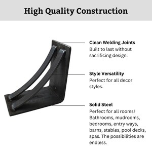 May include: A black metal shelf bracket with a curved design. The bracket is made of solid steel with clean welding joints. The text "High Quality Construction" is at the top of the image.