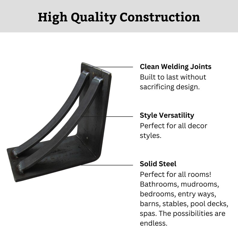 May include: A black metal shelf bracket with a curved design. The bracket is made of solid steel with clean welding joints. The text "High Quality Construction" is at the top of the image.
