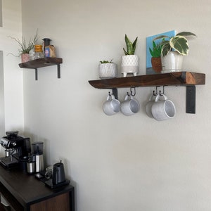raw metal L shelf brackets for coffee bar