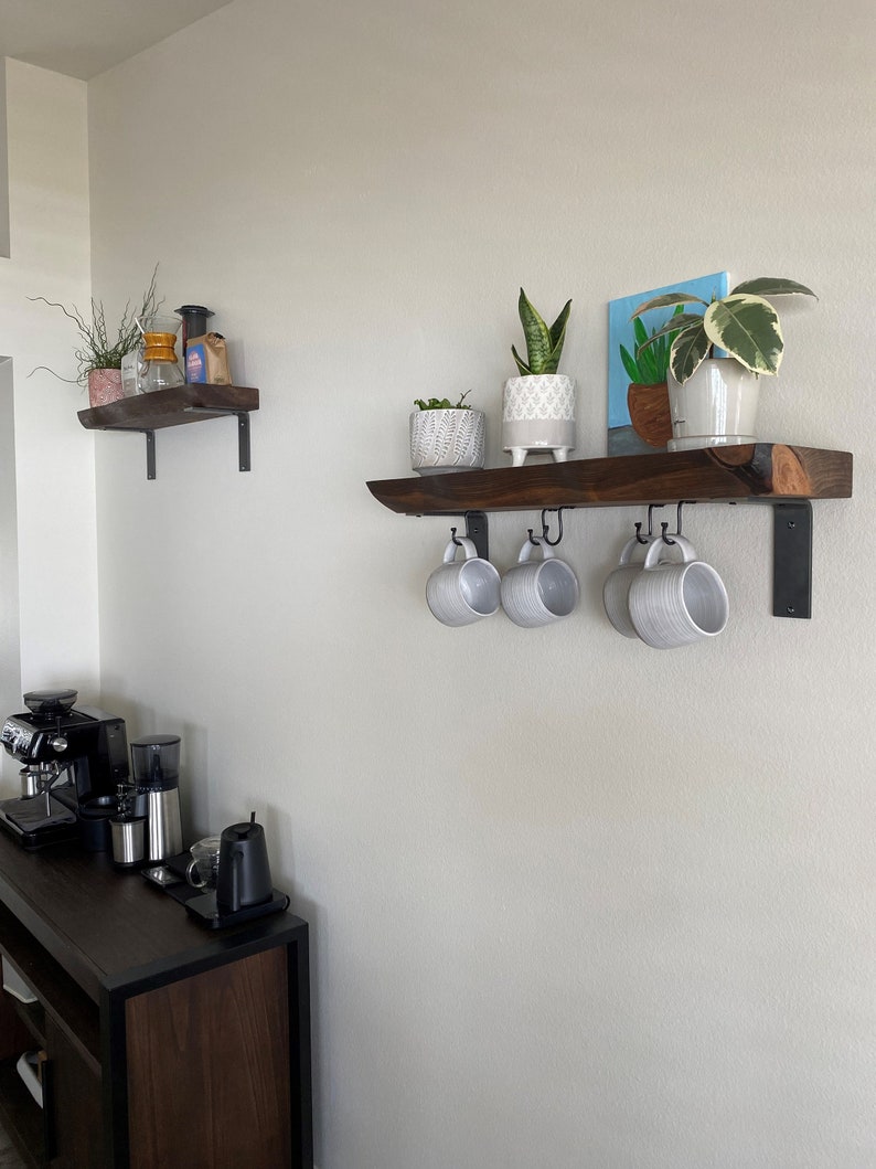 raw metal L shelf brackets for coffee bar