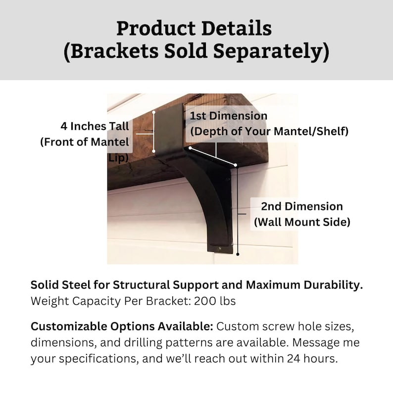 Side angle of steel mantel support showing thickness and durable handmade construction

Pair of industrial steel mantel brackets holding a thick reclaimed wood beam mantel