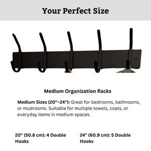 May include: Black metal coat rack with four double hooks, measuring 20 inches (50.8 cm) in length.  The rack is suitable for bedrooms, bathrooms, or mudrooms.