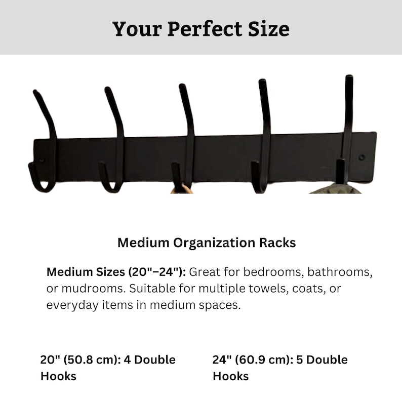 May include: Black metal coat rack with four double hooks, measuring 20 inches (50.8 cm) in length.  The rack is suitable for bedrooms, bathrooms, or mudrooms.