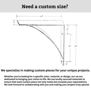 May include: A black and white technical drawing of an L-shaped shelf bracket with a curved support brace. The diagram includes dimensions of 20 inches in length, 5 inches in height, 6 inches, 14 inches, and 21 inches. Text reads: Need a custom size?