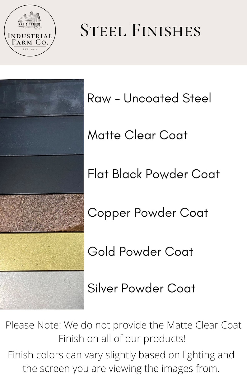May include: A chart showing different steel finishes offered by Industrial Farm Co. The finishes include raw uncoated steel, matte clear coat, flat black powder coat, copper powder coat, gold powder coat, and silver powder coat.