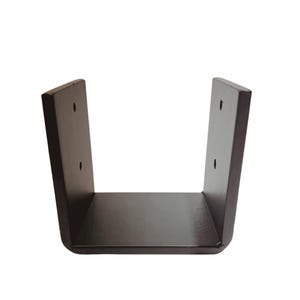 May include: Black metal shelf bracket with a U-shaped design and three holes on each side. The bracket has a flat base and rounded edges.