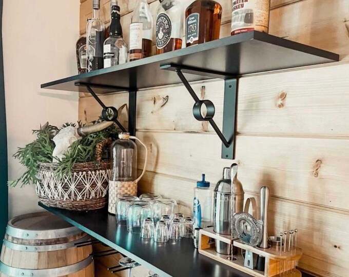 Industrial Style Metal Shelf Bracket with Circular Ring Support for Wall Mount Storage, Rustic Bathroom Hardware, Kitchen Shelf Decor