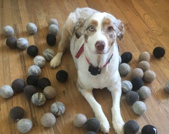 Dog Toy, wool ball play toy, fetch toy, organic and natural sheep fleece with felted balls gray, black, cream, tan and brown Free Shipping