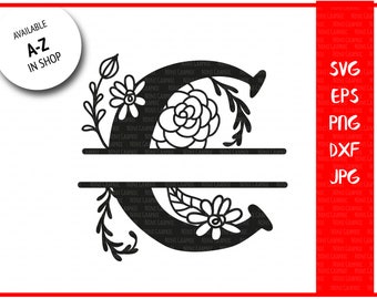 Monogram letter C, Split letter C, silhouette files, SVG cutting files font, cricut files, floral alphabet, hand drawn letter, vinyl files