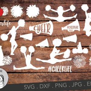 K&ouml;nnte beinhalten: Eine Sammlung von Cheerleading-Grafiken in Wei&szlig; und Rot, darunter Pompons, Megaphone und Silhouetten von Cheerleadern in verschiedenen Posen. Text enth&auml;lt "#cheerlife" und "CHEER". Der Hintergrund ist dunkles Holz.
